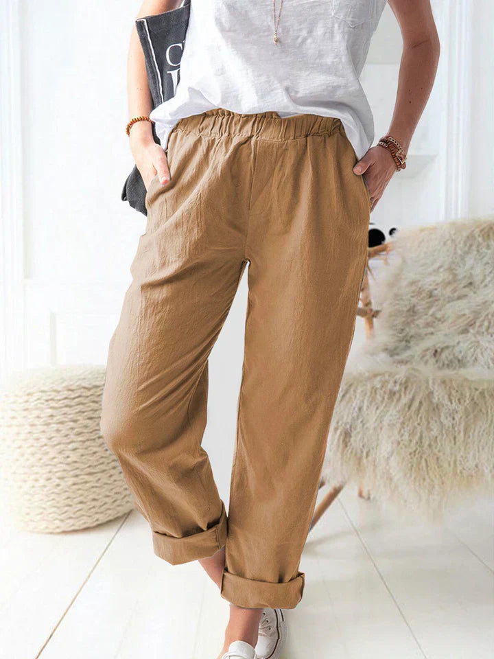Marcella - Casual Linen Trousers with Elasticated Waistband Comfortable and Stylish - Brown / XS - Chino pants