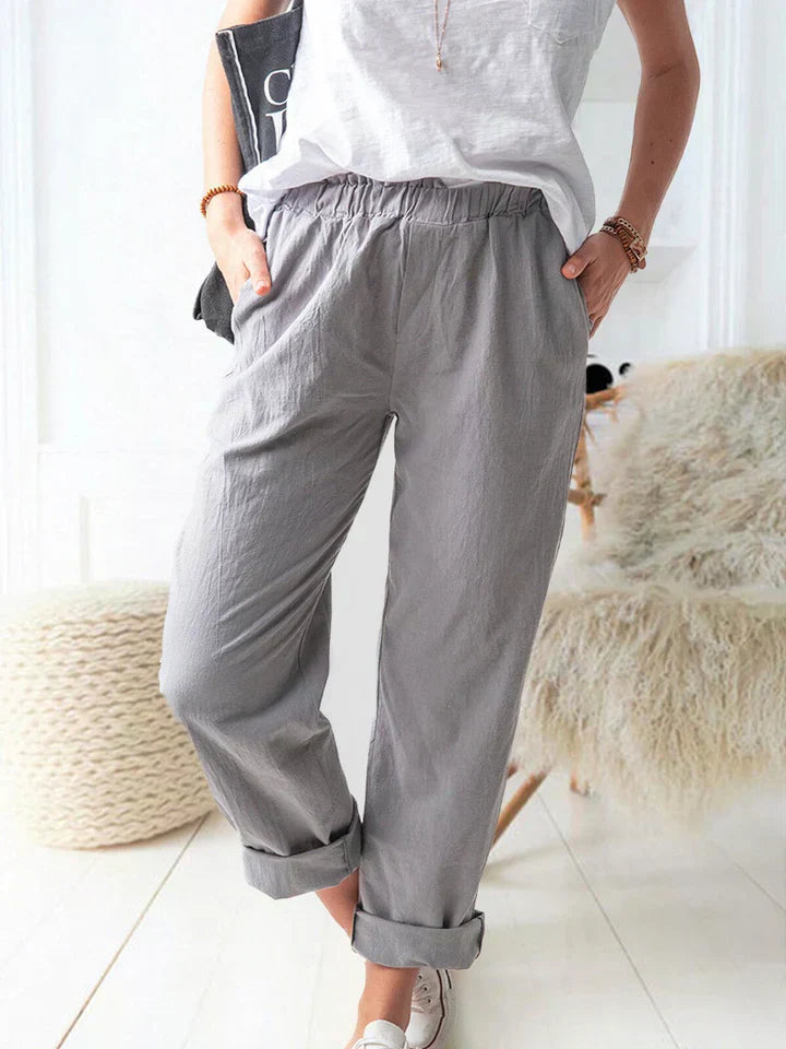 Marcella - Casual Linen Trousers with Elasticated Waistband Comfortable and Stylish - Grey / XS - Chino pants
