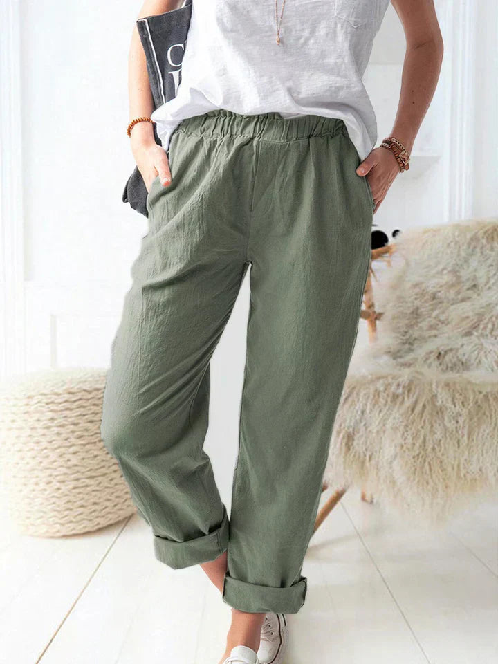 Marcella - Casual Linen Trousers with Elasticated Waistband Comfortable and Stylish - Army green / XS - Chino pants