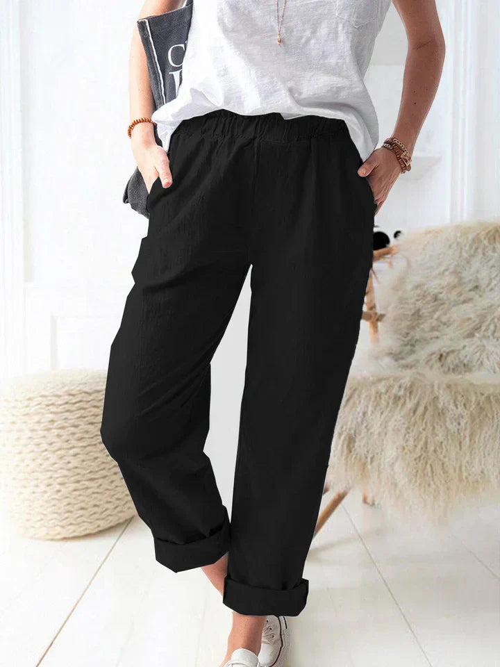 Marcella - Casual Linen Trousers with Elasticated Waistband Comfortable and Stylish - Black / XS - Chino pants