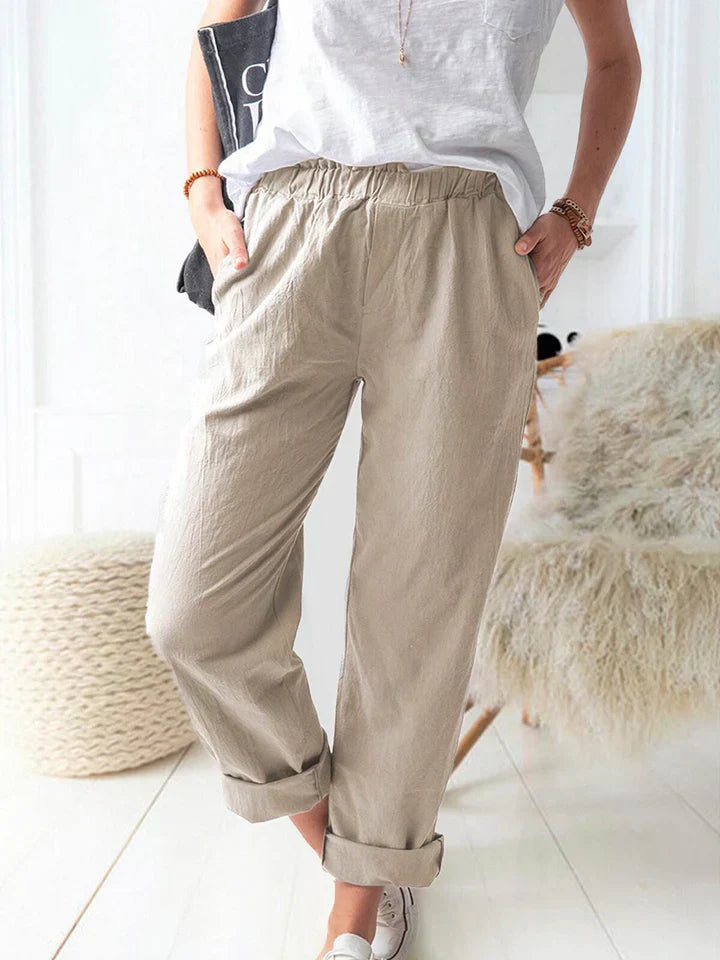 Marcella - Casual Linen Trousers with Elasticated Waistband Comfortable and Stylish - Khaki / XS - Chino pants