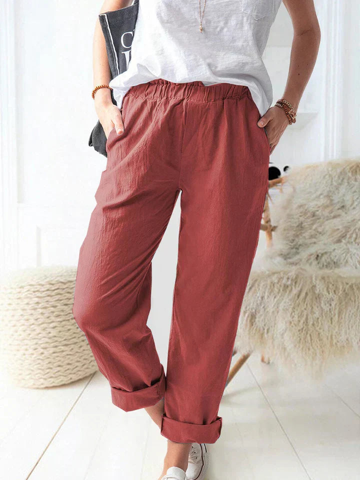 Marcella - Casual Linen Trousers with Elasticated Waistband Comfortable and Stylish - Red / XS - Chino pants