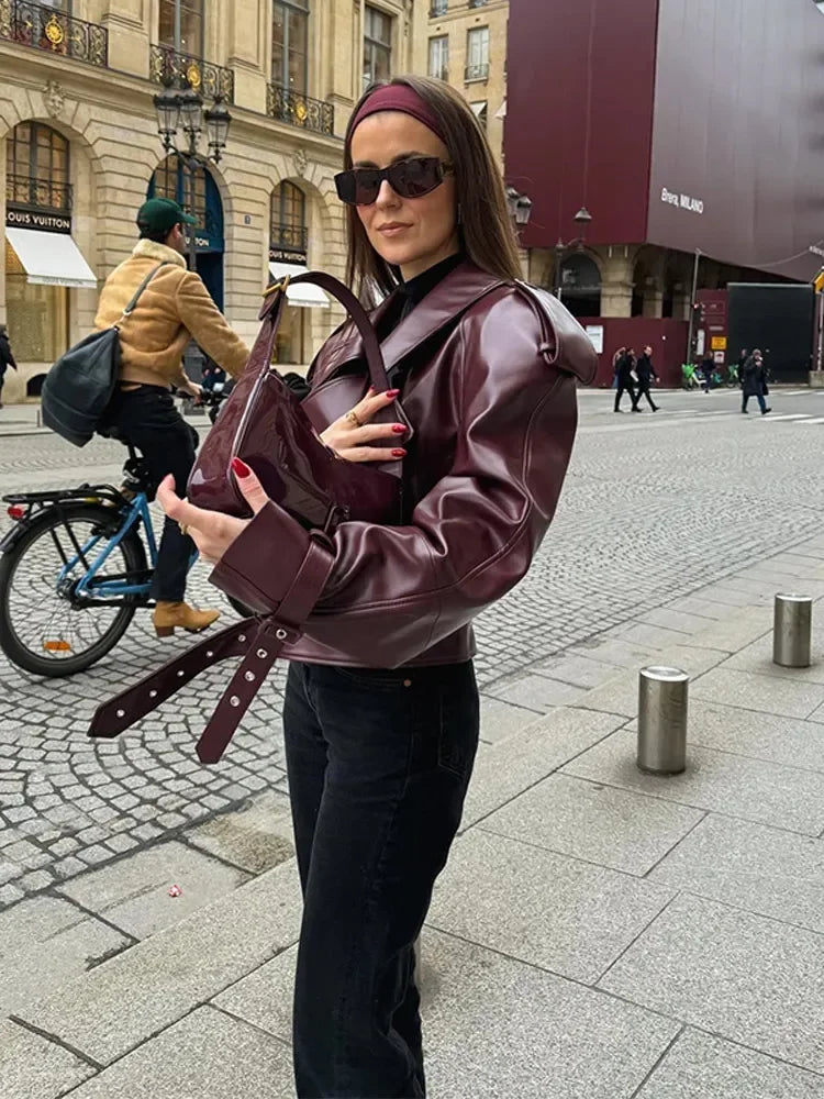 Mikaa - Leather Burgundy Jacket With Straps - jackets