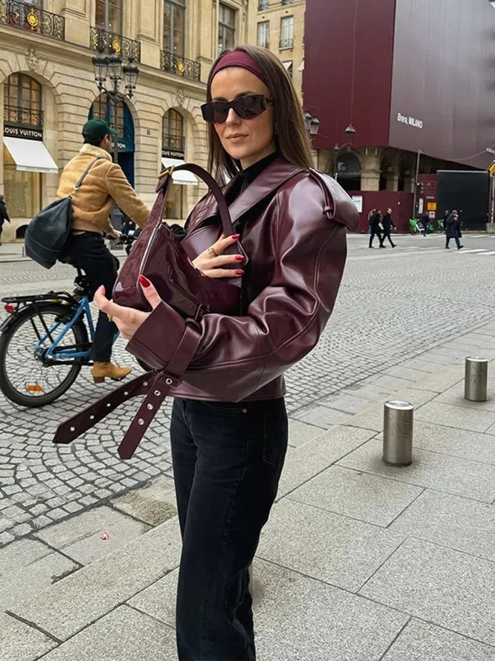Mikaa - Leather Burgundy Jacket With Straps - jackets