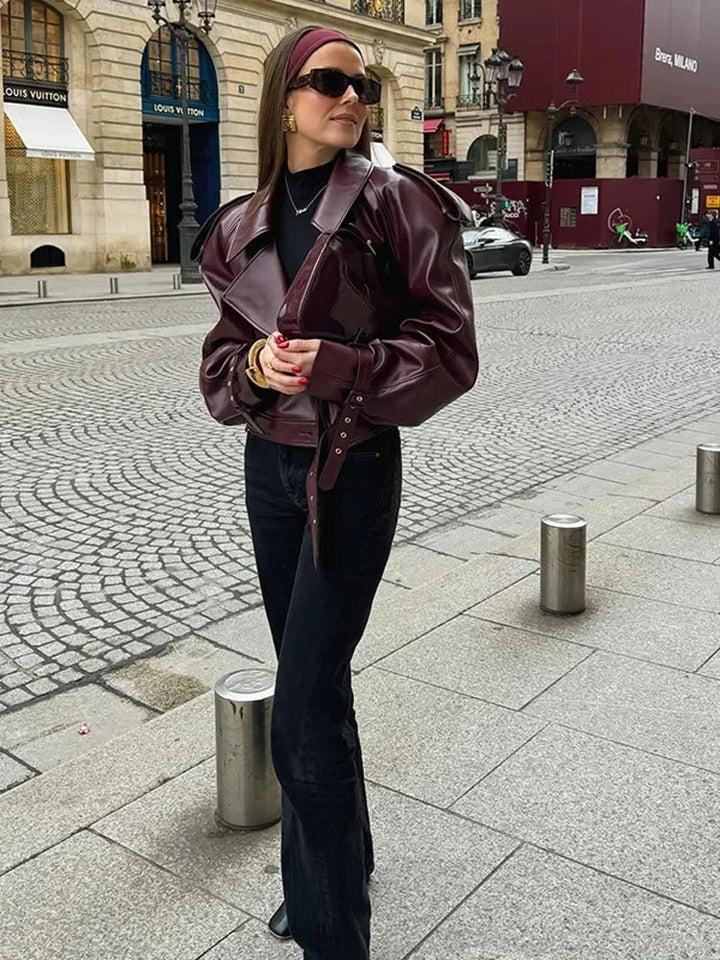 Mikaa - Leather Burgundy Jacket With Straps - jackets