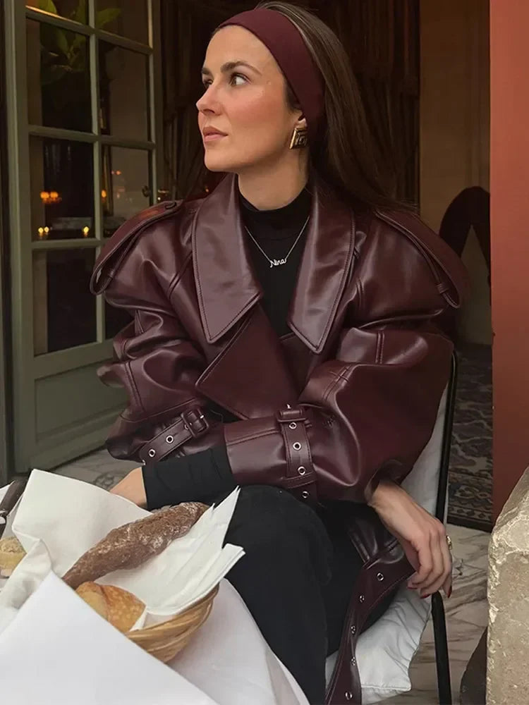 Mikaa - Leather Burgundy Jacket With Straps - jackets