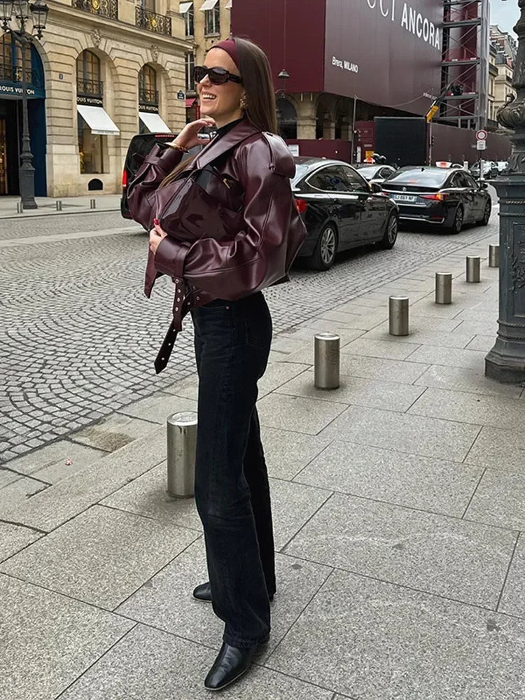 Mikaa - Leather Burgundy Jacket With Straps - jackets