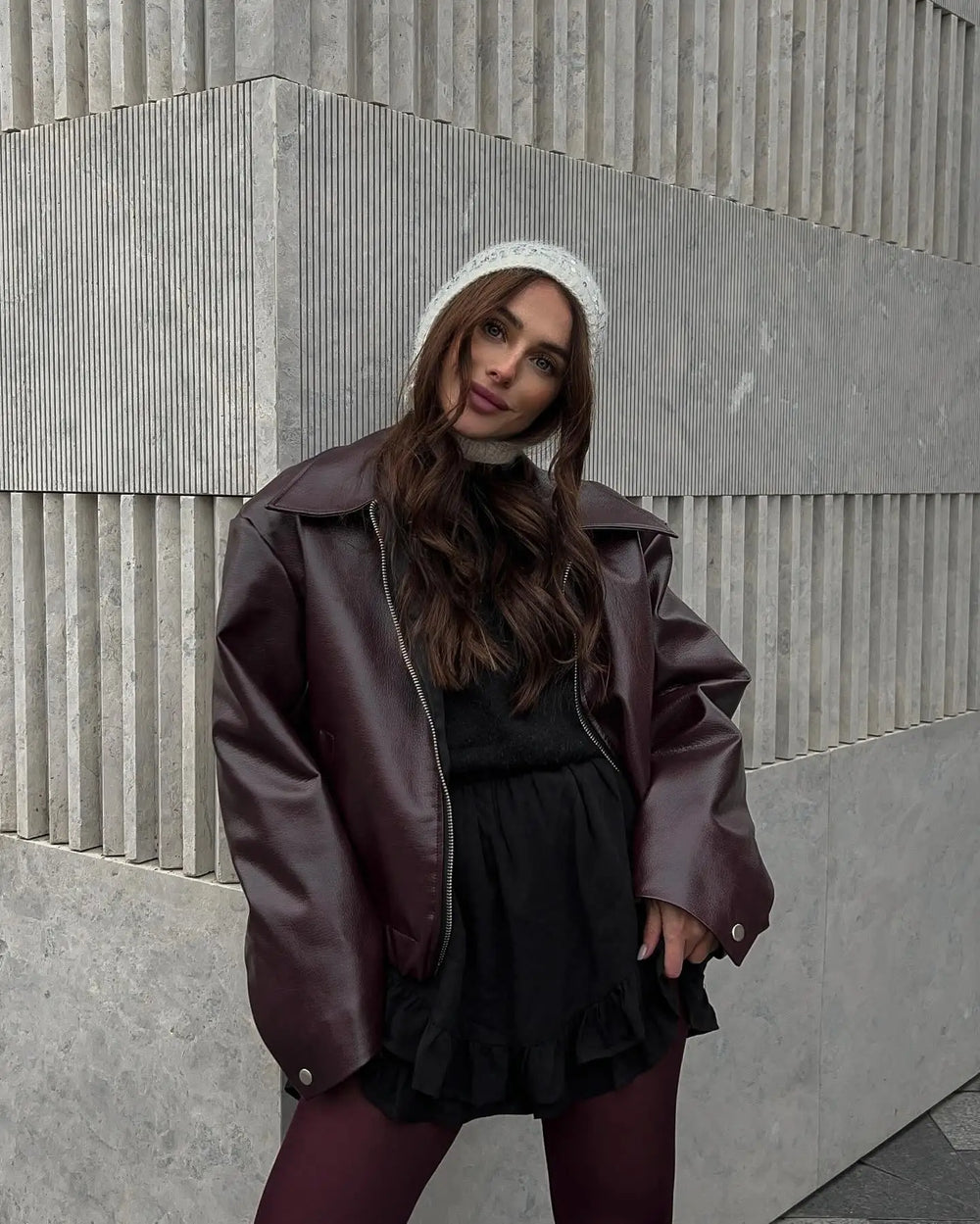Mikaa - Leather Burgundy Jacket With Straps - jackets
