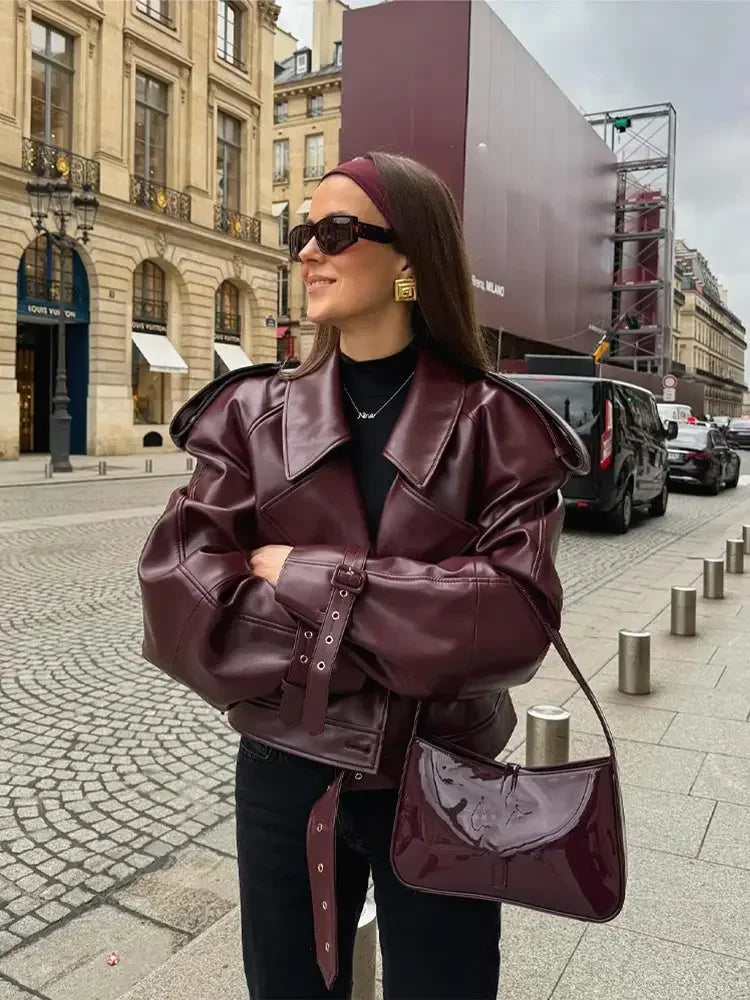 Mikaa - Leather Burgundy Jacket With Straps - Burgundy / XS - jackets