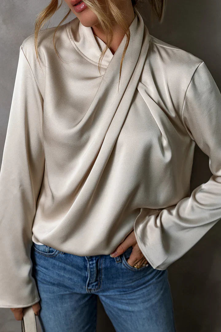 Molly - Satin Blouse with Crossover Front - Beige / S