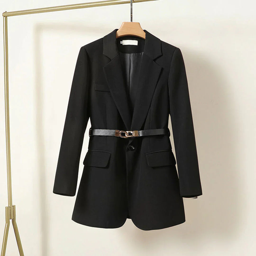 Nola - Elegant Long Blazer With Belt - Black / S