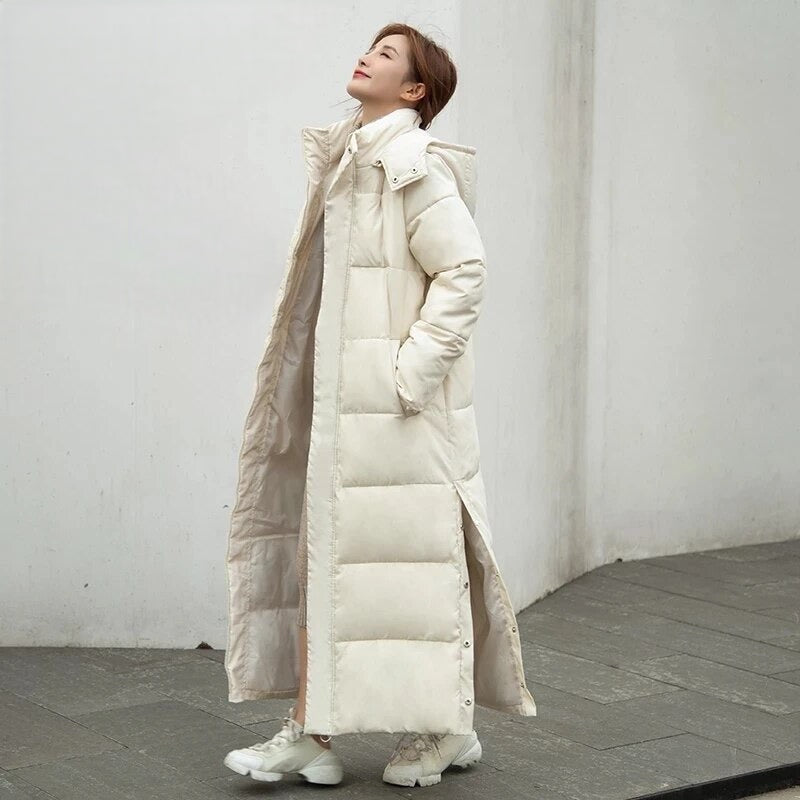Nora - Windproof Long Puffer Jacket - Beige / XS