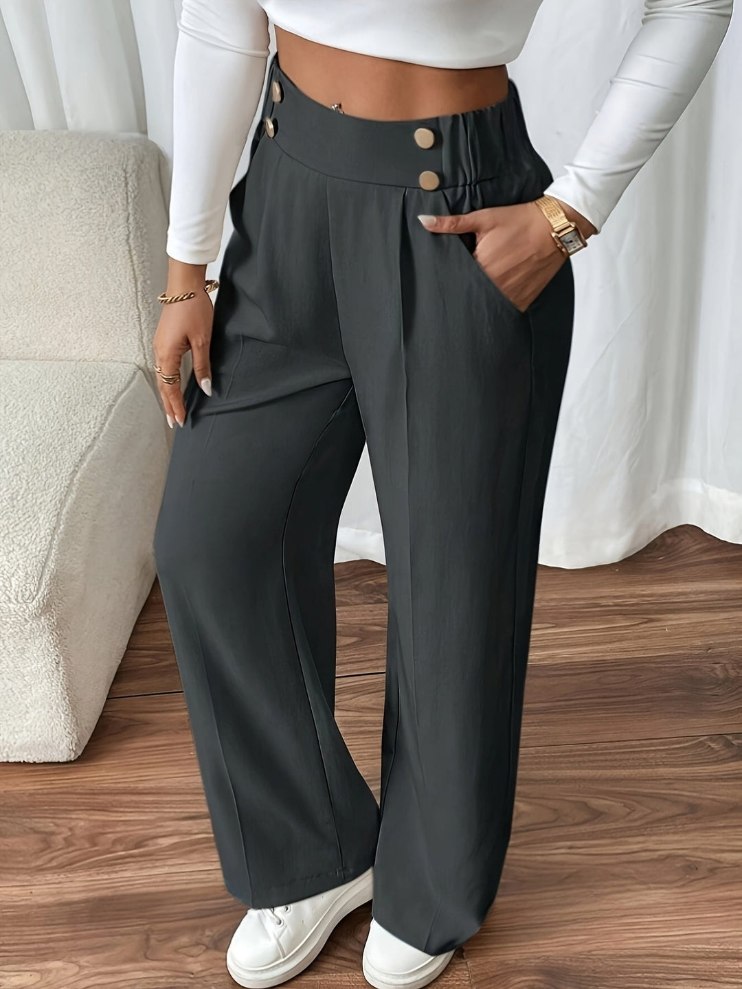 Poppy - Comfortable Chic Trouser with Buttons - Grey / S