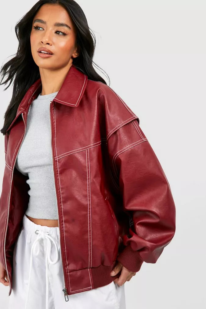 Sabrina - Oversized Leather Jacket - Red / S