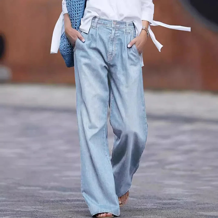 Scarlett - Wide Denim Pants with A Playful Touch - Sky Blue / S