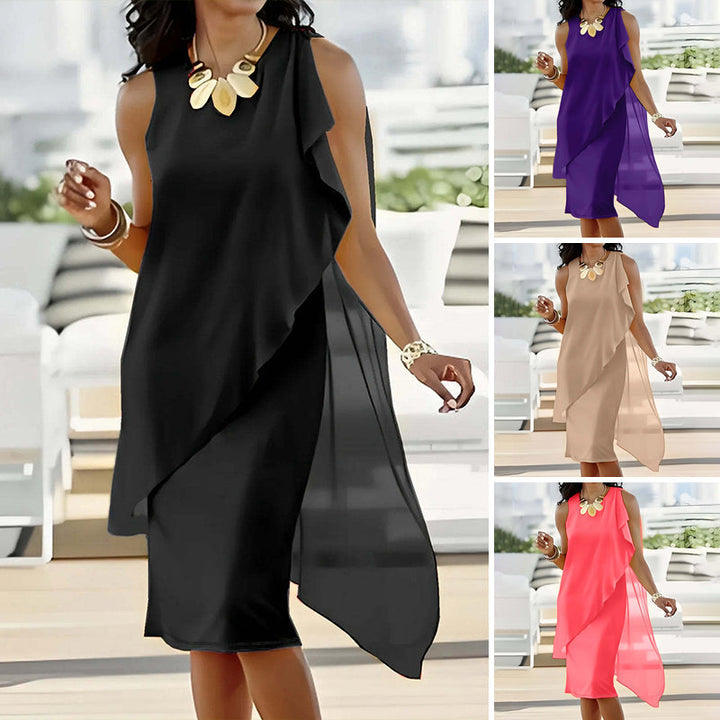 Maisie™ | Elegant Sleeveless Dress with Round Neckline and Asymmetrical Mesh