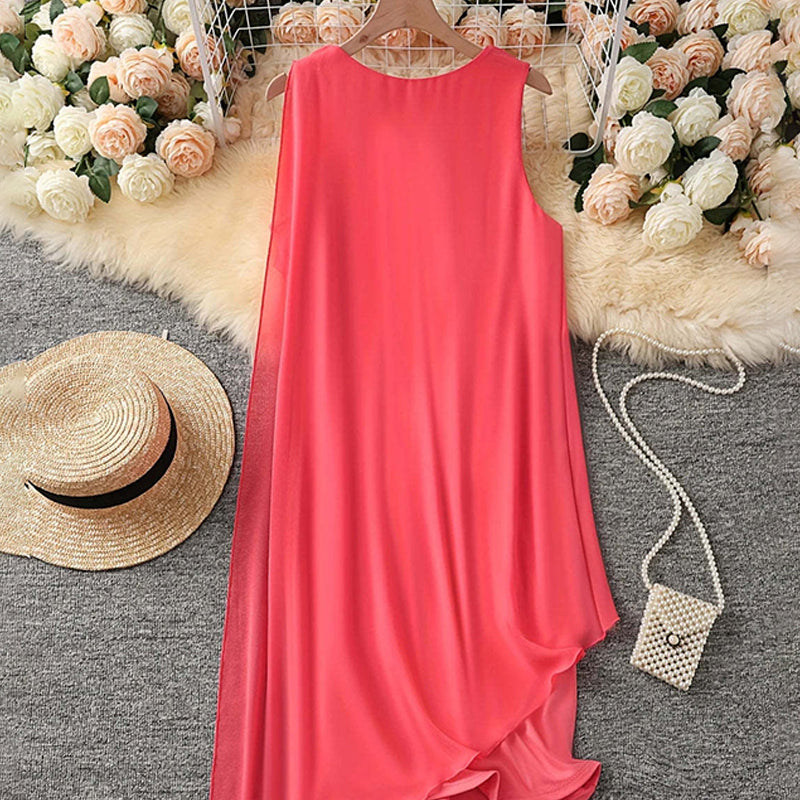 Maisie™ | Elegant Sleeveless Dress with Round Neckline and Asymmetrical Mesh