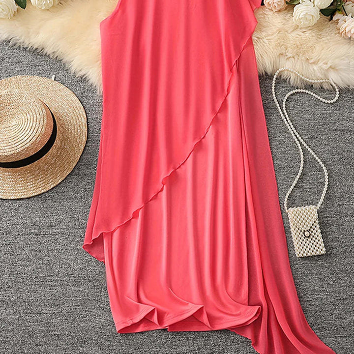 Maisie™ | Elegant Sleeveless Dress with Round Neckline and Asymmetrical Mesh
