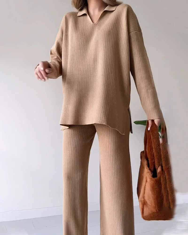 Waverly - Casual Two-Piece Loungewear Set - Khaki / XS